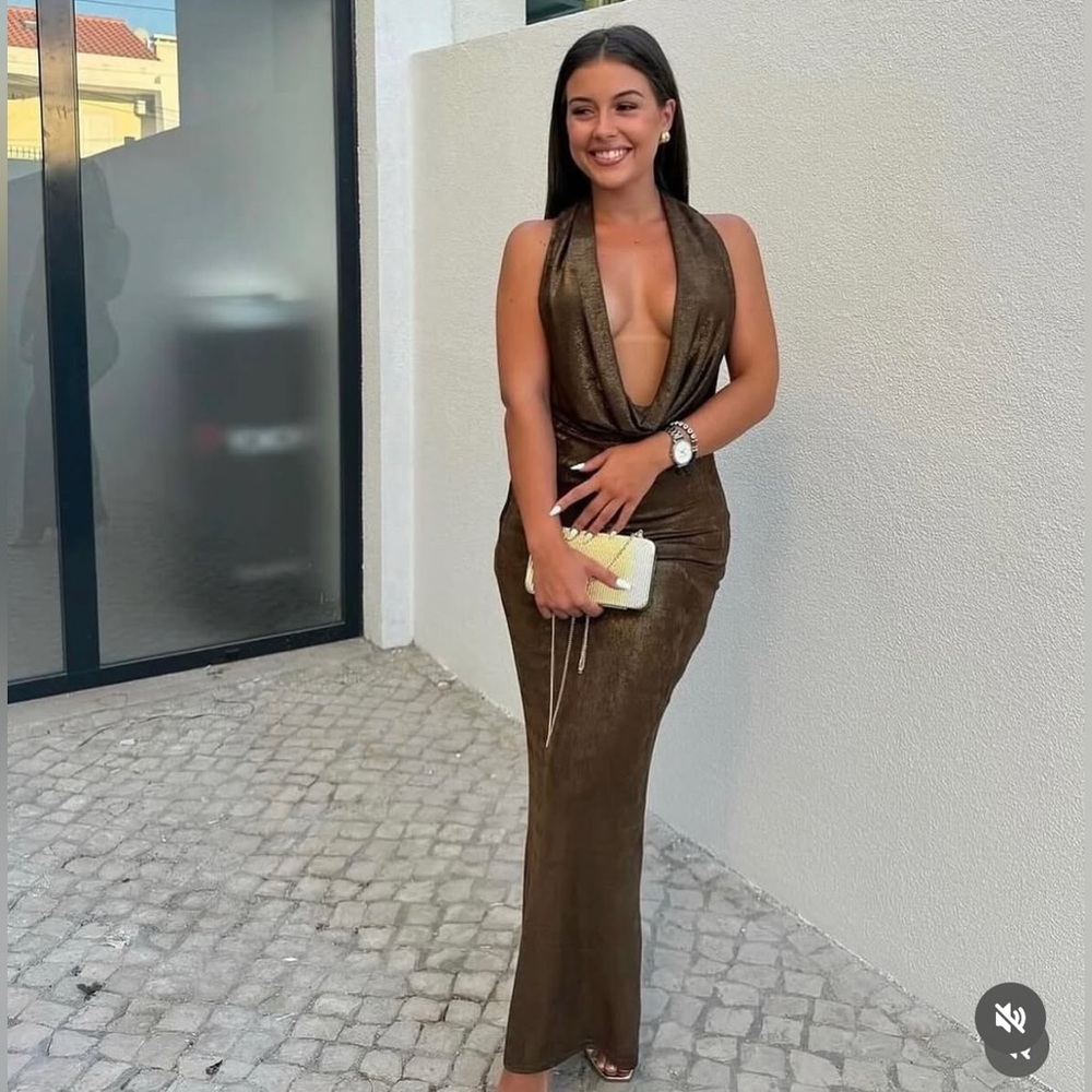 Metallic Halter Cowl Neck Backless Twist Maxi Dress